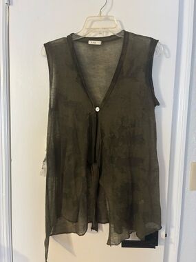 J.A.K. Olive Camo Sheer Sleeveless Button and Tie-Front Topper